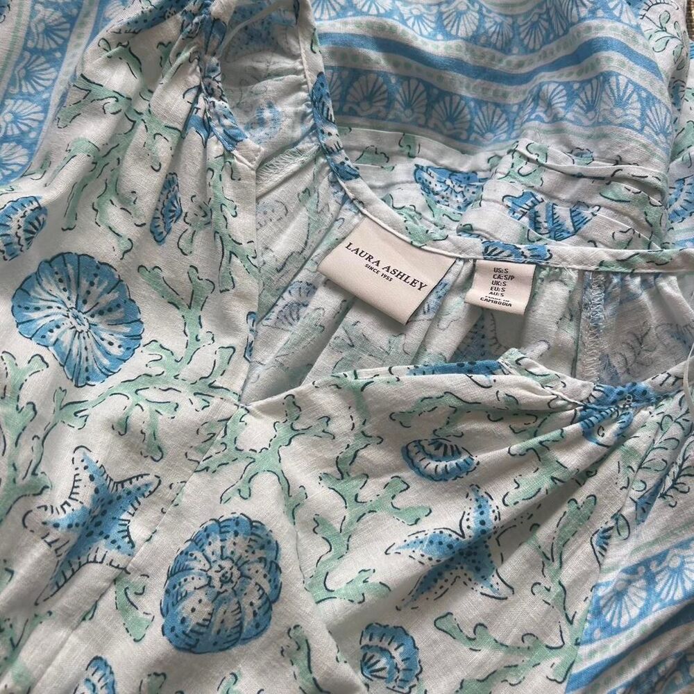 Laura Ashley Blue & White Sea Themed Long Dress • Coastal Maxi • Rare Style
